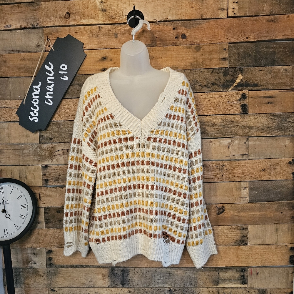Very J Women's Cream oversized geometric Squares Distressed sweater Size M